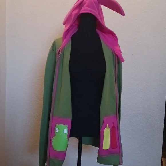 NWT Toddland Bobs Burgers Louise Green Hoodie with Pink Bunny Ears LARGE